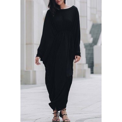 Stylish Batwing Sleeve Round Neck Loose-Fitting Maxi Dress For Women - Black
